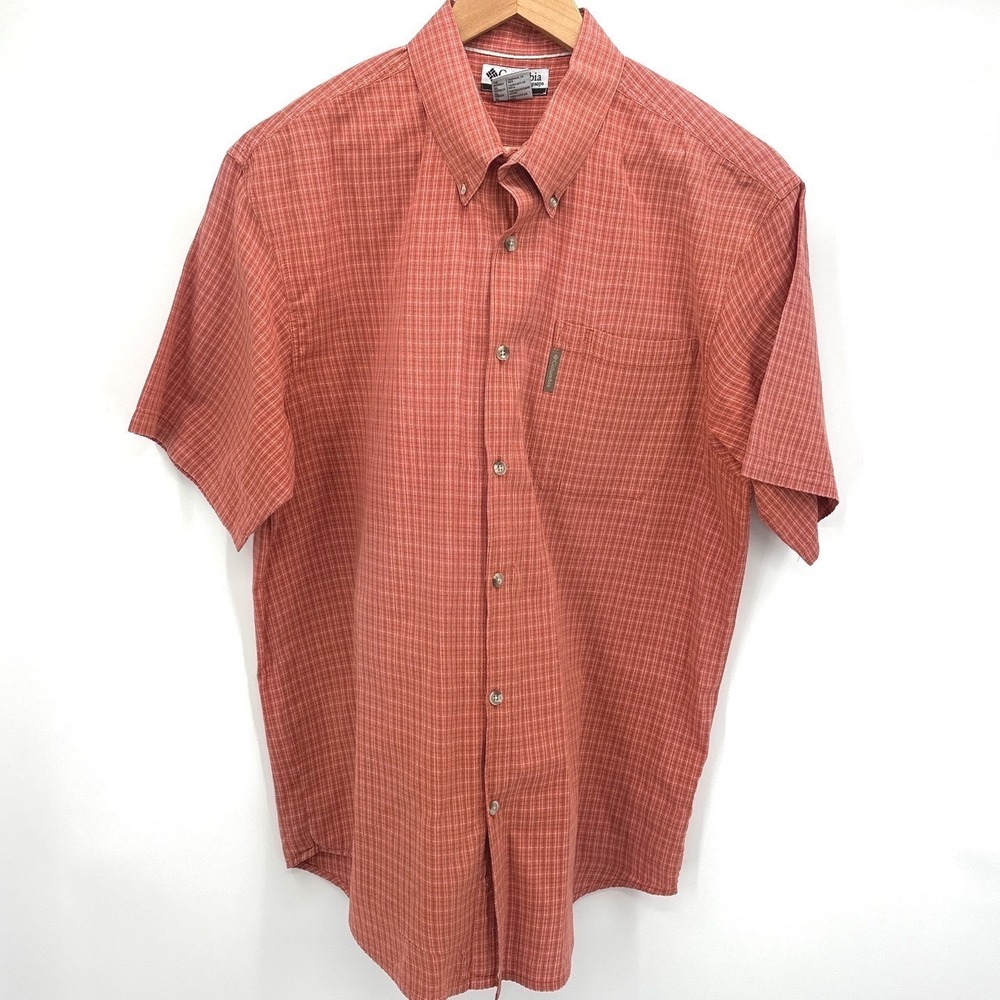 VTG Columbia Mens XL Orange Micro Plaid Short Sleeve Button Shirt Outdoor Hiking